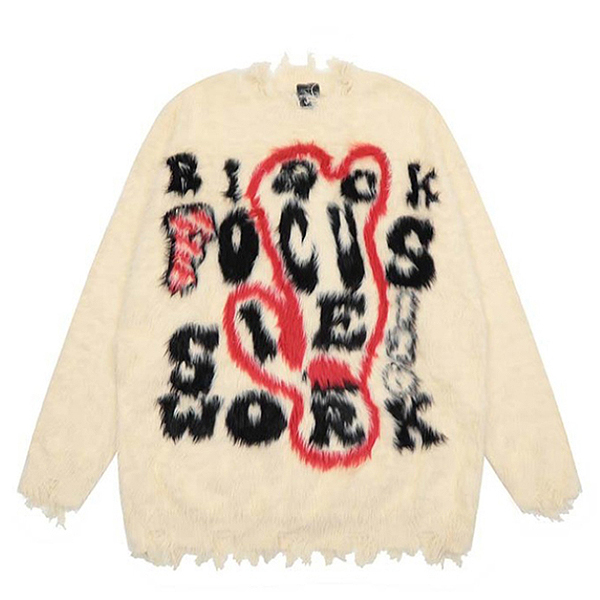 Fluffy Focus Lettering Embroidery 3Color Knit Sweater (8628)