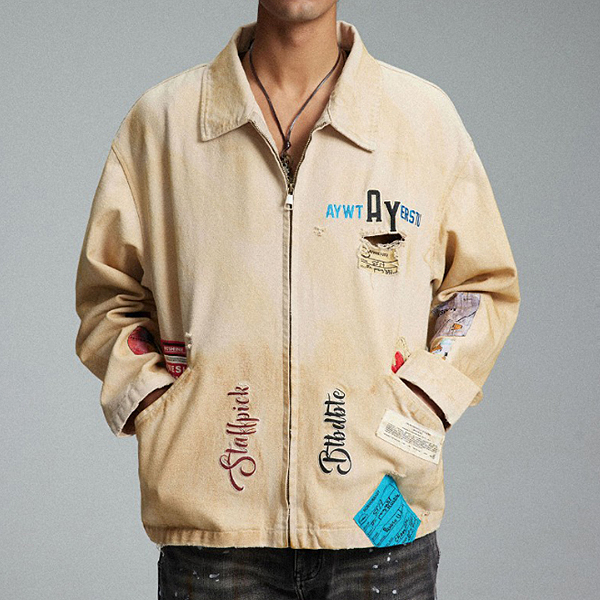Khaki Colorful Lettering Patch Embroidery Jacket (8652)