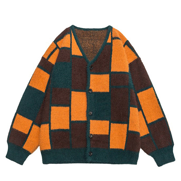 Dark Warm Colored Blocks Pattern Knit Cardigan (8656)