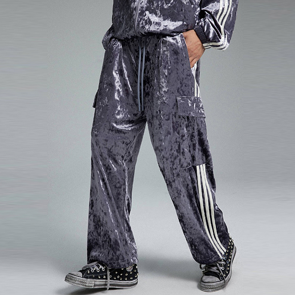 Gray Velvet Side Colored Lines Big Pocket Casual Pants (8660)