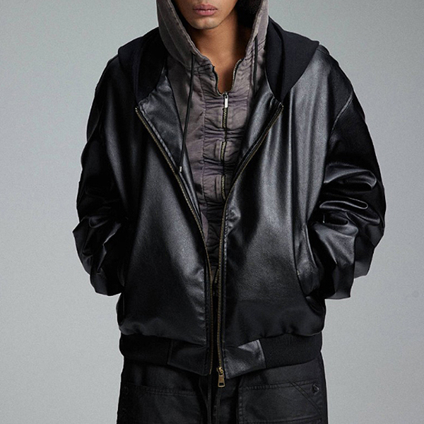Black Unisex Daily Casual Hood Leather Jacket (8669)