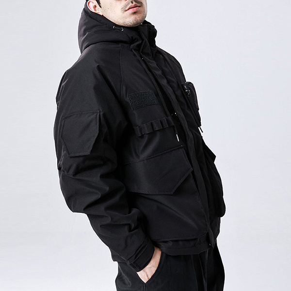 Black Multi Solid Pockets Outdoor Hood Jacket (8670)