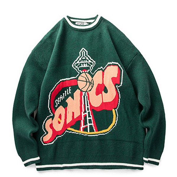 Green Basketball Big Lettering Embroidery Knit Sweater (8672)