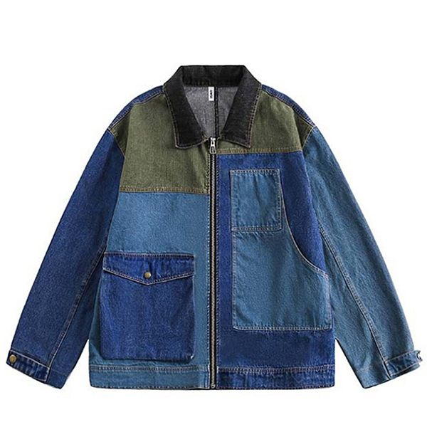Blue Patchwork Big Pocket Workwear Denim Jacket (8625)