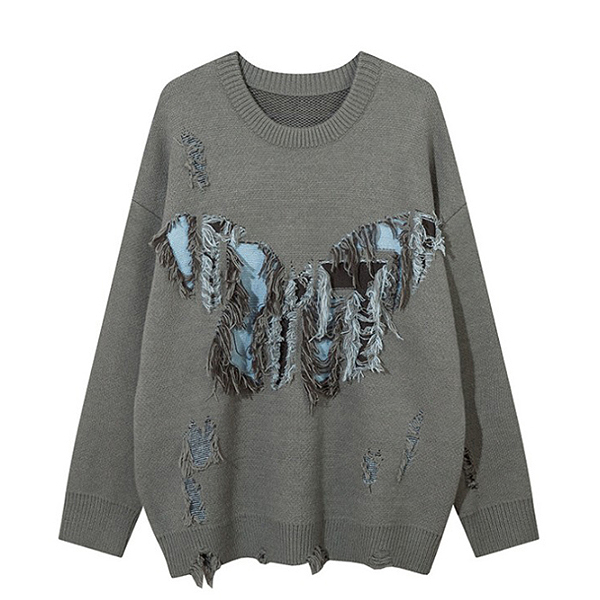 Fringe Big Butterfly Embroidery 2Color Knit Sweater (8716)