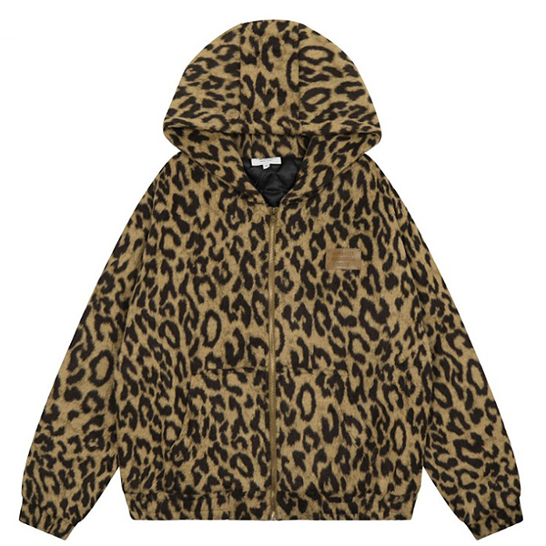 Brown Leopard Pattern Tag Patch Hood Zip-Up (8714)
