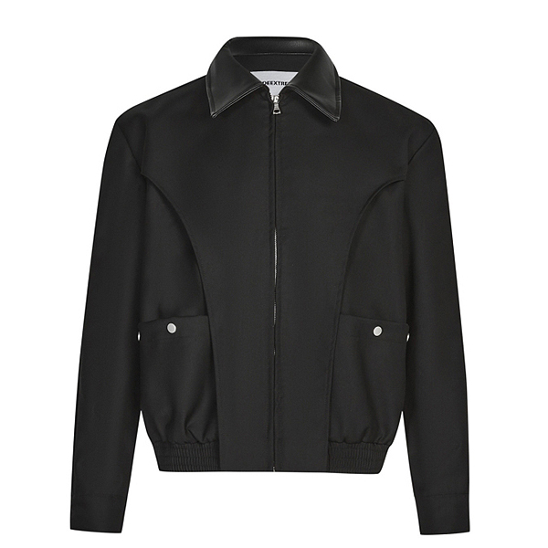Black Leather Collar Point Simple Plain Jacket (8733)