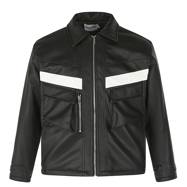 Black White Line Point Flat Pocket Leather Jacket (8734)