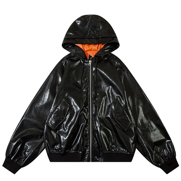 Black Unisex Street Glossy Leather Hood Jacket (8794)