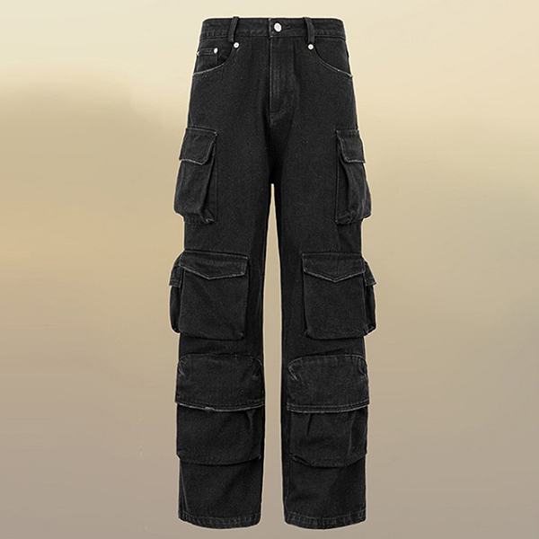 Black Multi Solid Pockets Washing Denim Pants (8785)
