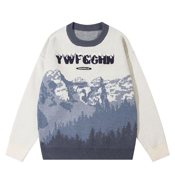 Snow Mountain Scenery Lettering 2Color Knit Sweater (8819)