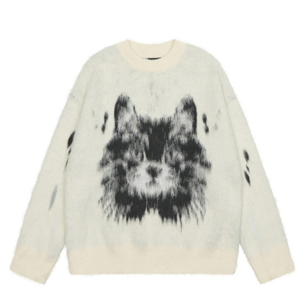 Fluffy Big Cat Face Embroidery 2Color Knit Sweater (8844)