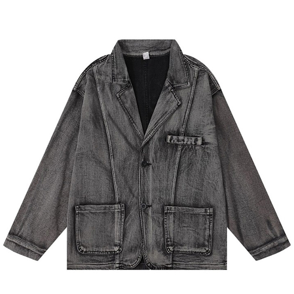 Black Washing Pintuck Pocket Loose Denim Jacket (8845)