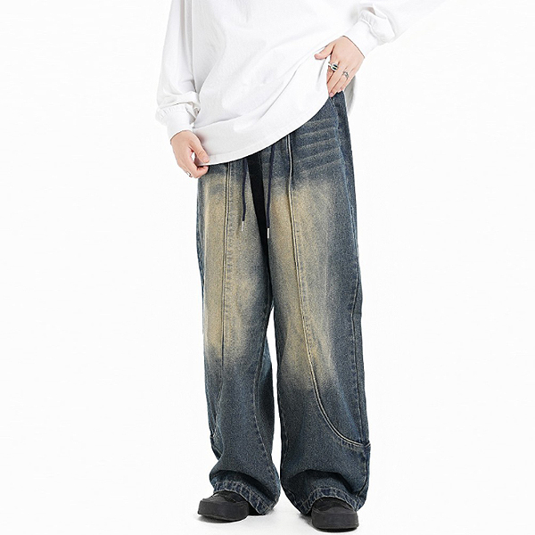 Vintage Blue Sand Washing Pintuck Casual Denim Pants (8847)