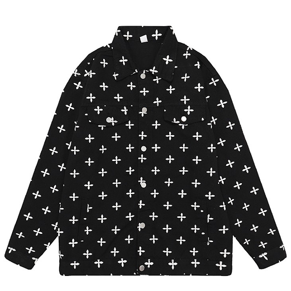 Black Gothic Cross Pattern Loose Denim Jacket (8848)