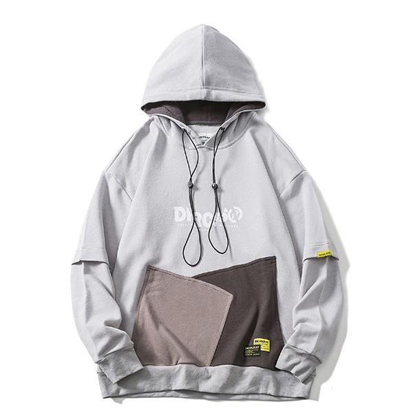 Gray Colored Big Patches Fake Layered String Hood (8869)