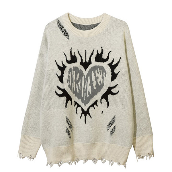 Fire Heart Big Embroidery Damages 2Color Knit Sweater (8930)