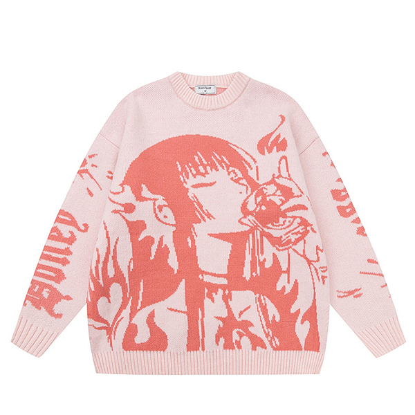 Drinking Girl Illust Embroidery 3Color Knit Sweater (8945)