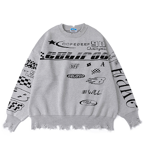 Variety Of Mark Lettering Damages 2Color Knit Sweater (8948)