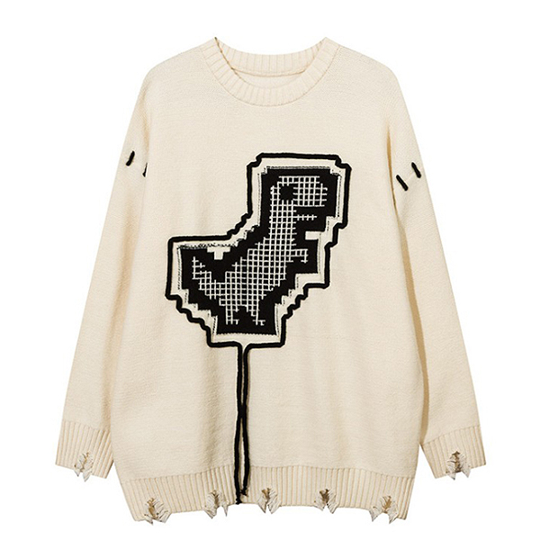Pixel Dinosaur Big Embroidery Loose 3Color Knit Sweater (8949)