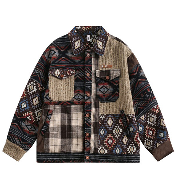 Unisex Amekaji Ethnic Jacquard Embroidery Pocket Jacket (8989)