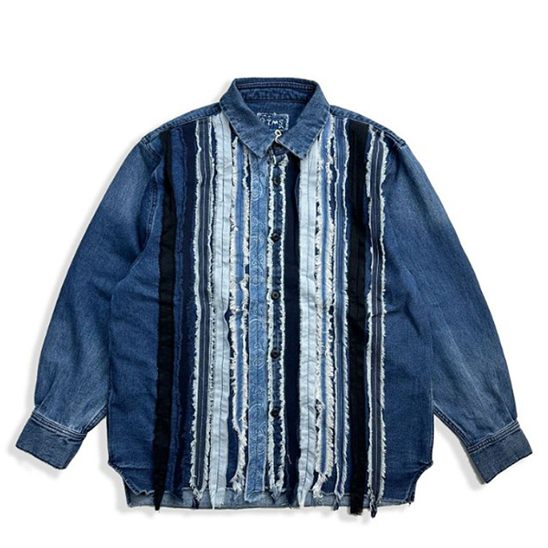 Blue Unisex Fringe Stripe Patches Loose Denim Shirt (8979)