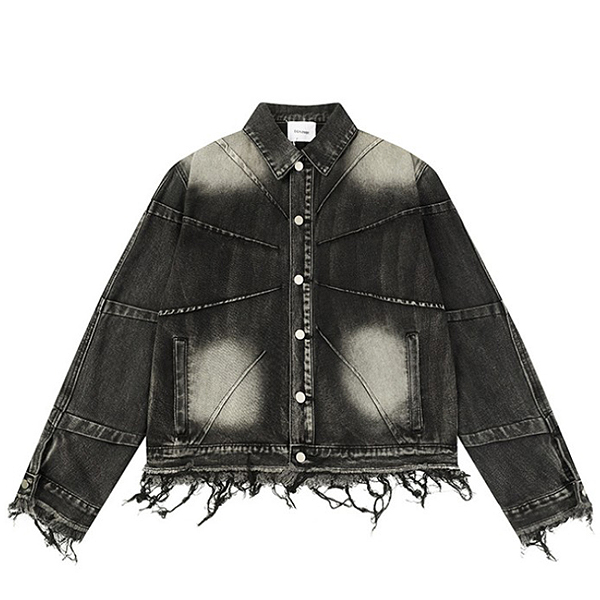 Black Faded Washing Fringe Casual Denim Jacket (9166)