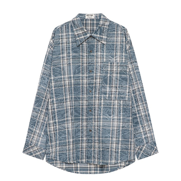 Blue Watery Check Pattern Pocket Unbalanced Shirt (9170)