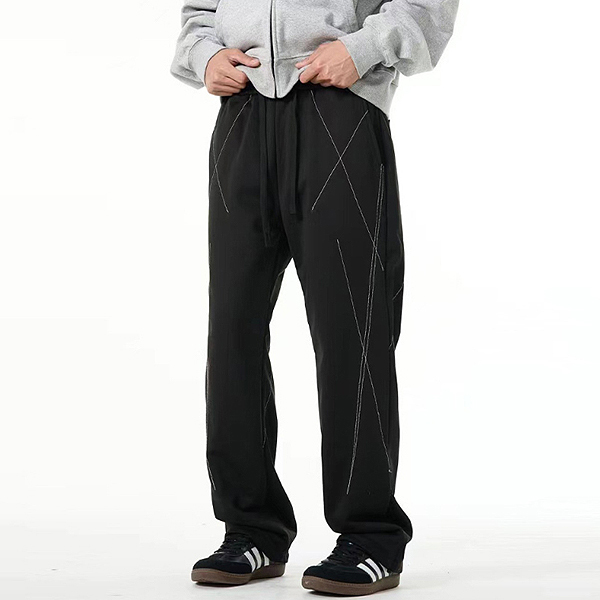 Unisex Black Stitch Cross Line Long Casual Pants (9325)