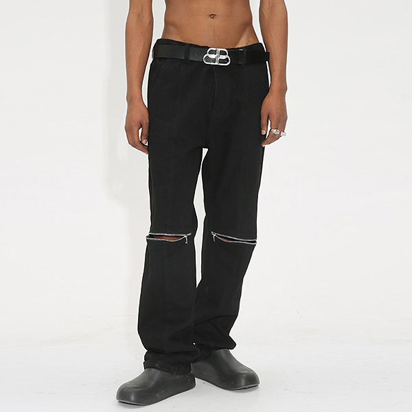 Black Middle Open Zipper Long Slimfit Pants (9536)