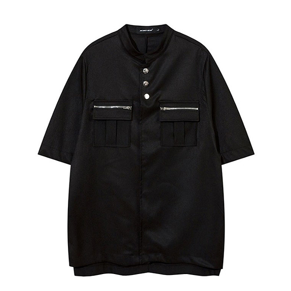 Black Three Buttons Zipper Pocket Loose 1/2 Shirt (9614)