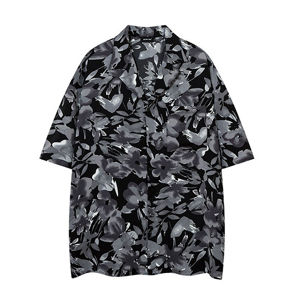 Black Gray Antique Flower Pattern Loose 1/2 Shirt (9672)