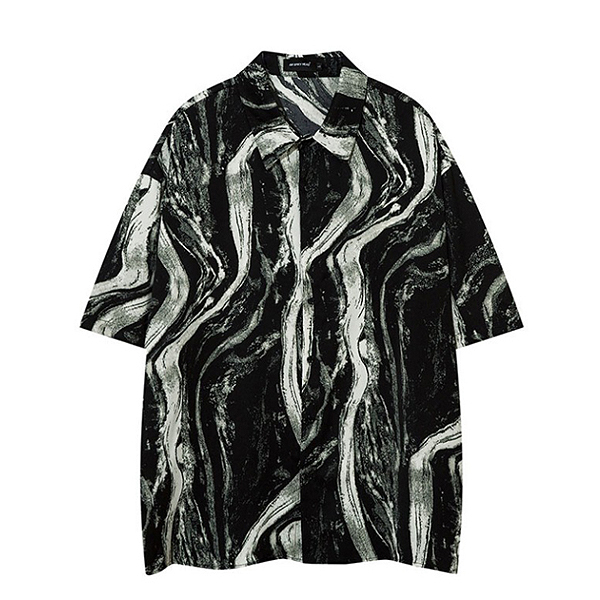 Black Green Flowing Watery Pattern Loose 1/2 Shirt (9687)