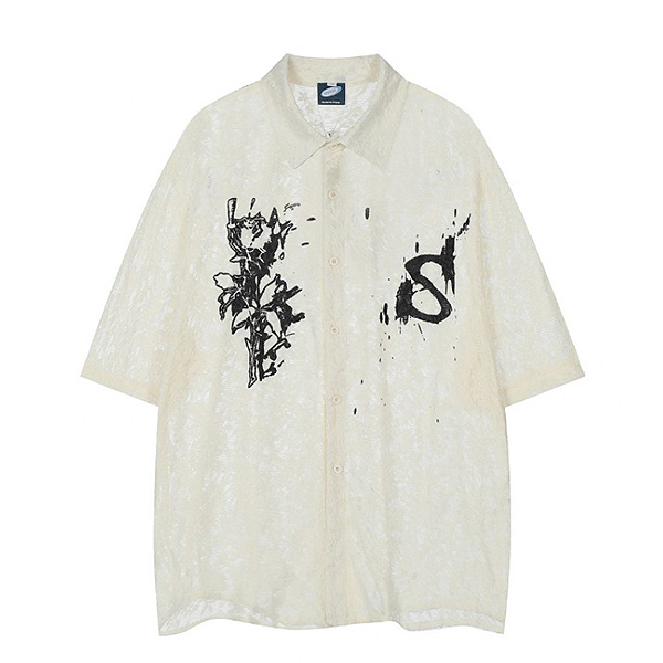 Apircot Unique Painting Embroidery Loose 1/2 Shirt (9762)