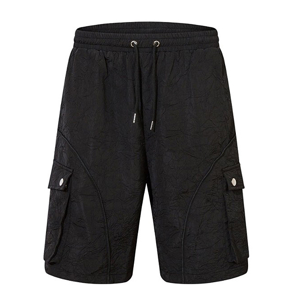 Black Wrinkle Side Big Pockets 1/2 Casual Pants (9763)