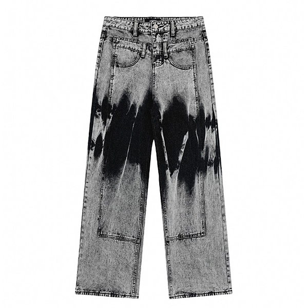 Gray Black Colored Point Pintuck Wide Denim Pants (9768)