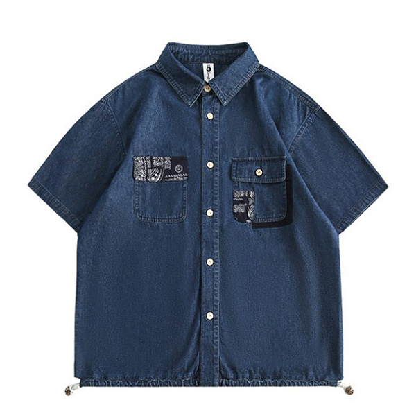 Blue Ethnic Paisley Point Pocket Denim 1/2 Shirt (9901)