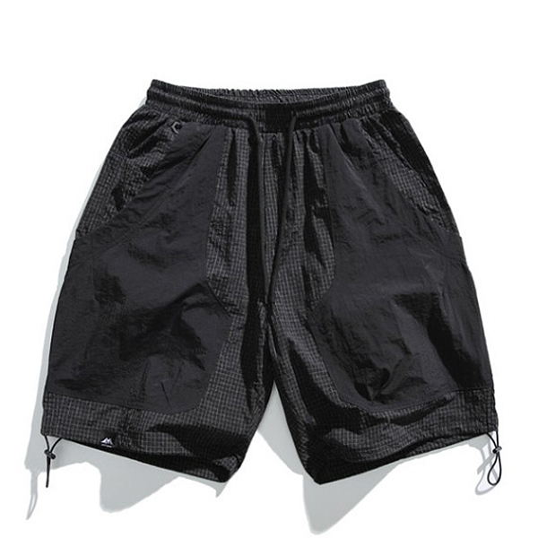 Black Dense Grid Pattern Big Pocket String 1/2 Casual Pants (9910)