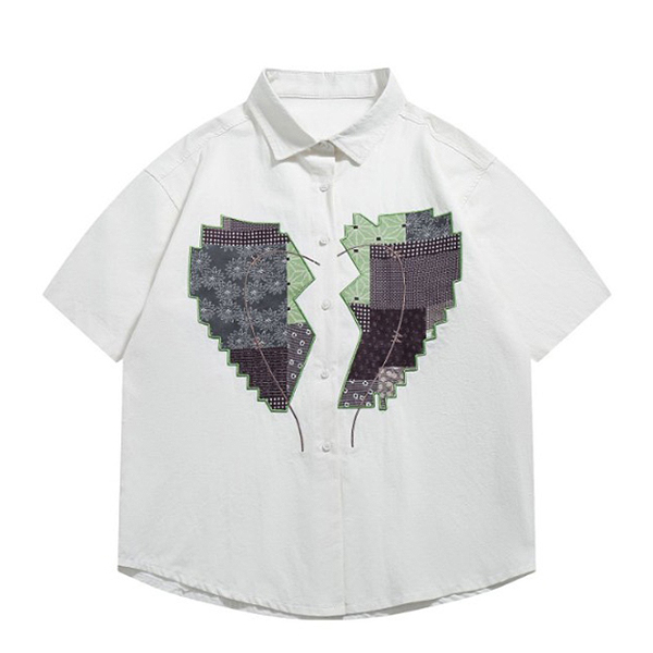 White Split Heart Patchwork Embroidery 1/2 Shirt (9947)