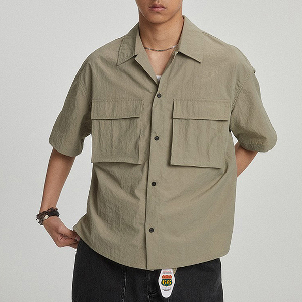 Solid Square Pockets Simple 2Color 1/2 Shirt (9897)
