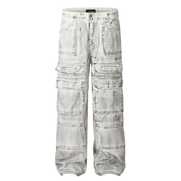 White Vintage Pattern Multi Pockets Denim Wide Pants (9969)