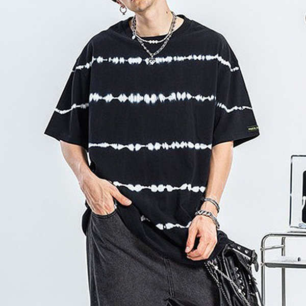 Black Frequency Wave Pattern Tag Patch Loose TEE (0508)