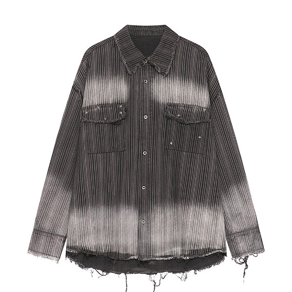 Black Star Rivets Pocket Stripe Washing Loose Shirt (9994)