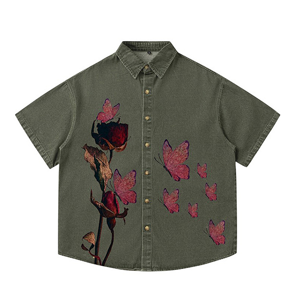 Amekaji Antique Butterfly Flower 3Color 1/2 Shirt (0573)