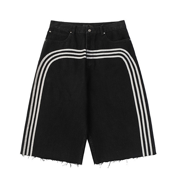 Black Triple Colored Lines Pocket 1/2 Denim Pants (0692)