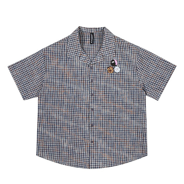 Gray Blue Check Pattern Pin Buttons 1/2 Shirt (0707)