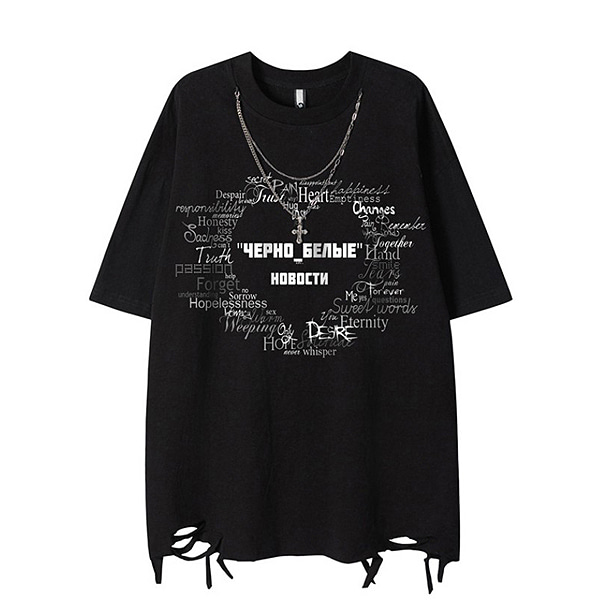 Double Chain Heart Lettering Damages 2Color TEE (0769)